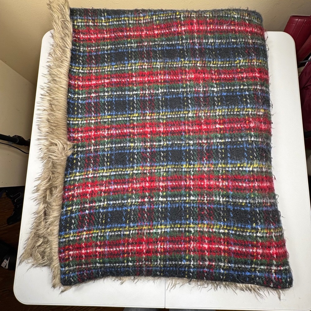 Pottery Barn Stewart Green Plaid Faux Fur Back Throw Blanket 50x60‎ Cozy